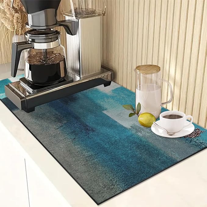 Arttown Coffee Mat for Countertops, Teal White Grey Abstract Modern Dish Drying Mat 2 Pcs for Kitchen Bar Accessory, Fit Under Coffee Maker Espresso Machine Dish Rack Hide Stain Rubber 12x19in