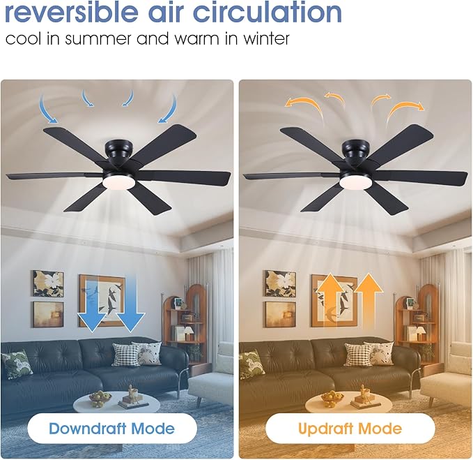 Asyko 52" Black Low Profile Ceiling Fans with Lights and Remote, Modern Indoor Ceiling Fan Light with Quiet Reversible DC Motor, Flush Mount Ceiling Fans with Dimmable LED for Bedroom Kitchen