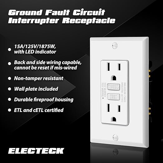 ELECTECK 20 Pack GFCI Outlets 15 Amp, Non-Tamper Resistant, Decor GFI Receptacles with LED Indicator, Ground Fault Circuit Interrupter, Wallplate Included, ETL Listed, White