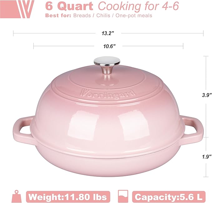 VORRINGARD Enameled Cast Iron Dutch Oven Pot with Lid, Bread Oven for Sourdough Bread Baking, Dutch Ovens with Bread Proofing Basket& Baking Supplies Set, 6 Quart, Pink