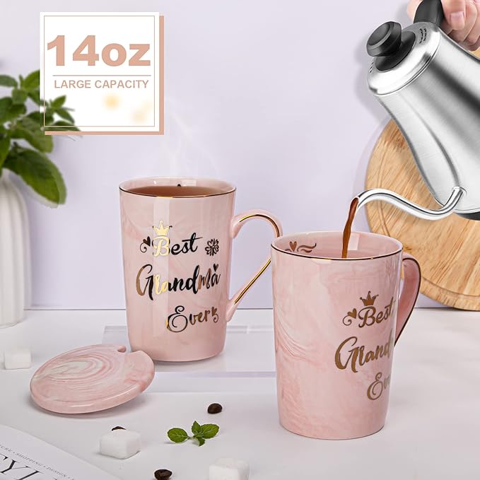 Grandma Gifts for Grandma, Mothers Day Birthday Gift for Grandmother from Granddaughter Grandson - 14Oz Pink Marble Ceramic Coffee Mugs Print with Real Gold - Lid Spoon Card, Box