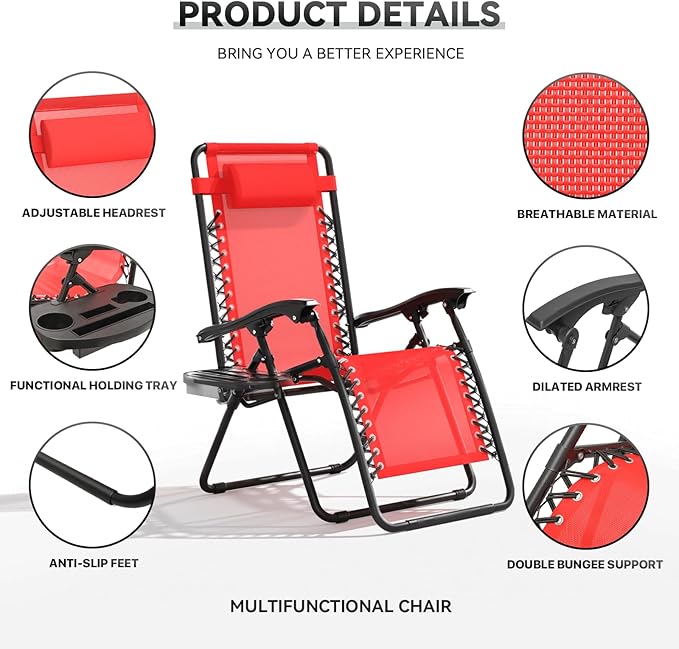 Zero Gravity Chair, Portable Outdoor Chair, Reclining Patio Lounge Chair with Adjustable Pillow and Cup Holder Trays for Outdoor, Patio, Beach, Camping, Garden, Poolside, 2 Pack, Red