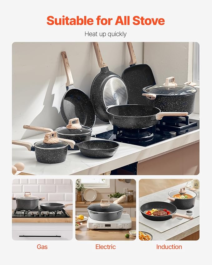 VEVOR 19 Piece Pots and Pans Set, Granite Nonstick Cookware Set, Induction Cookwares, Kitchen RV Cooking Sets with Frying, Sauce, Saute, Tempered Glass Lids, and Pan Protectors, Black