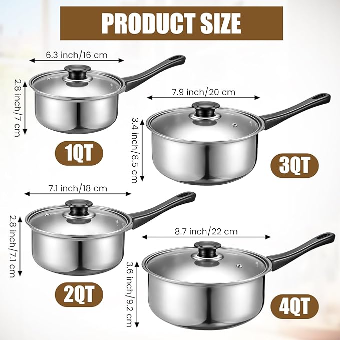 Hushee Stainless Steel Saucepan Set with Lids 8 Pcs, Sauce Pans 1QT, 2QT, 3QT, 4QT Tri-Ply Bottom Sauce Pot Set with Bakelite Handle, Induction Compatible Dishwasher & Oven Safe for Boiling Cooking