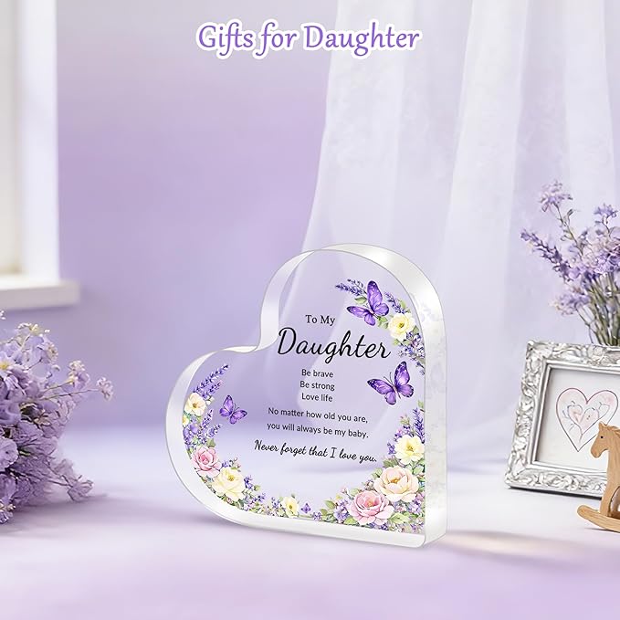Mothers Day Gifts for Daughter, Gifts for Daughter from Mom Dad- Purple Acrylic Heart Plaque, Inspirational Adult Daughter Gift for Birthday Mother's Day Graduation