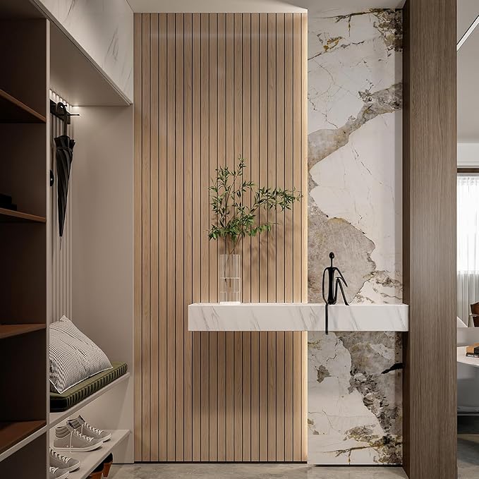 YLL YLL PVC Slat Wall Panel Peel and Stick 236"x 15.7" Faux Oak Grain Wood Slat Panel Self-Adhesive Wallpaper Soundproof 3D Wall Panels