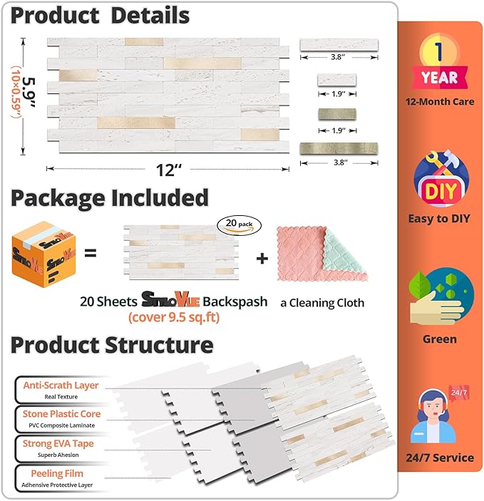 StyloVue 20 Sheets Peel and Stick Backsplash for Kitchen, Pearl White Sandstone with Metal Gold Look Stick on Tile Upgrade Your Kitchen Backsplash, RV, Fireplace
