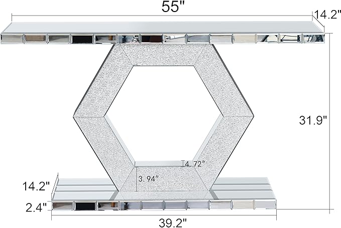 SSLine 2-Piece Set Mirrored Console Table with Wall Mirror, 55" Modern Mirror Entryway Table with Hexagon-Shape Base, Round Crush Diamond Decor Mirror for Entryway Hallway