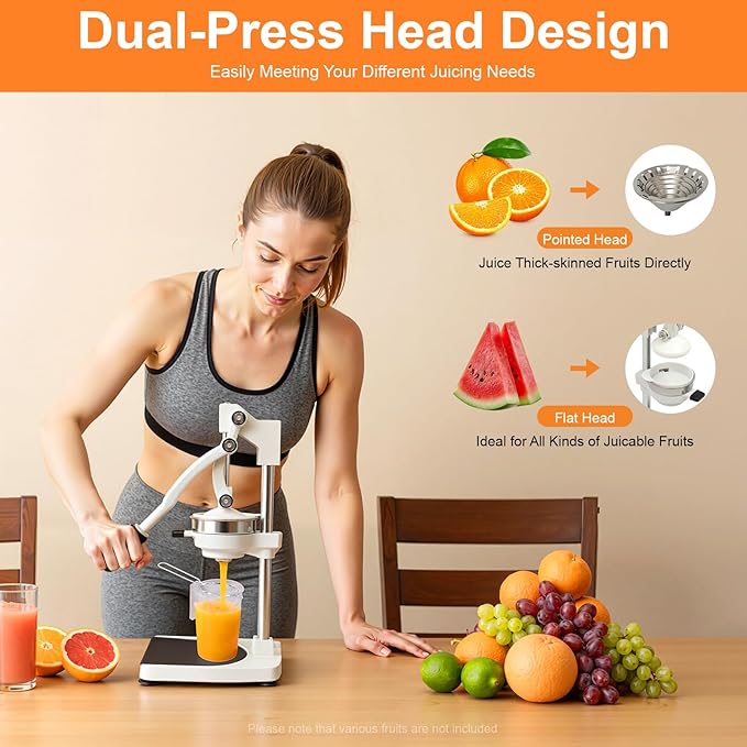 Manual Juicer, Double Press Head Commercial Manual Juicer Tabletop Juice Extraction Machine Hand Press Juice Extractor with 18oz Measuring Cup & 2 Mold for Oranges Lemons Pomegranates