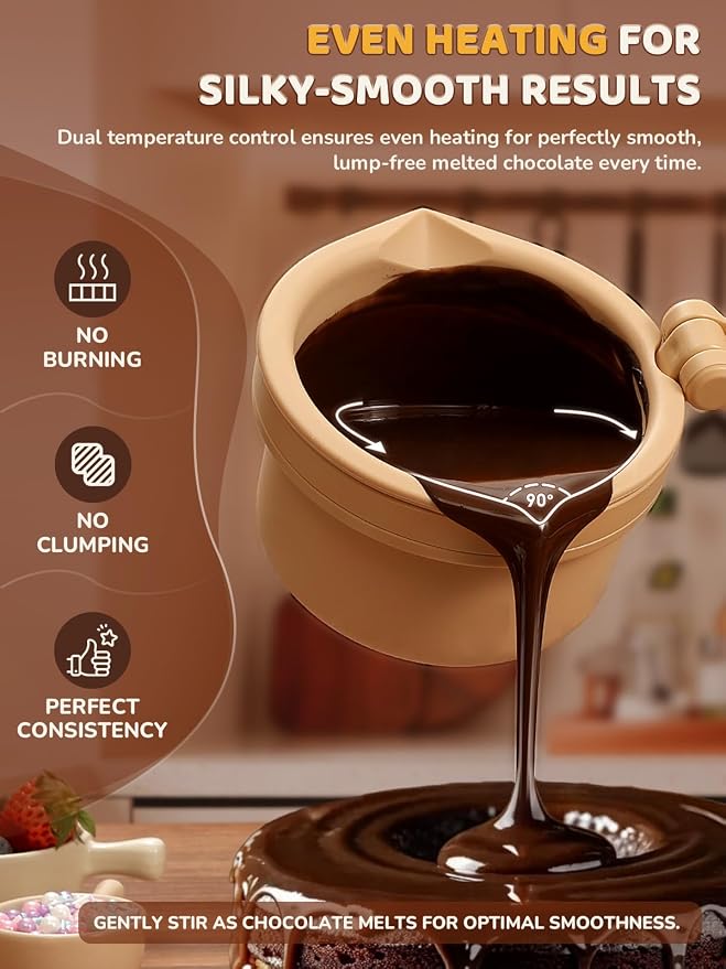 Electric Chocolate Melting Pot with 2 Insert Pots, 4-Cup Chocolate | Even Heating & Fast Melting, BPA-Free Silicone, Easy Clean, Less Waste, Ideal for Chocolate & Candy Melts, Parties & Fondue