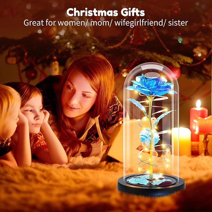 Otlonpe Preserved Forever Mothers Day Flower Gifts for Mom, Glass Light Up Rose Gifts for Women Grandma Girlfriend Wife Sister Her, Valentines Mothers Day Christmas Birthday Womens Gift (Blue)