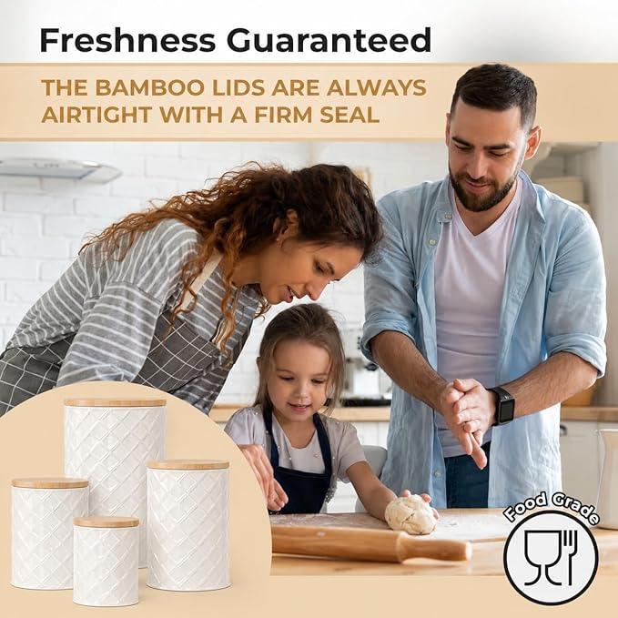 Pebble & Stem® Cream Metal Canister Set for the Kitchen Counter, Food Canister Set of 4, Airtight Lids, Sugar and Flour Containers for Countertops, Coffee and Tea Storage, Farmhouse Decor