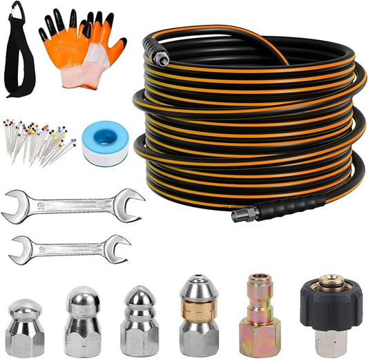 50FT Sewer Jetter Kit for Pressure Washer, 5800PSI Drain Cleaner Hose 1/4 Inch NPT Corner Rotating and Button Nose Sewer Jetting Nozzle Spanner Watertight Tape Pearl Corsage Pin Handle Strap