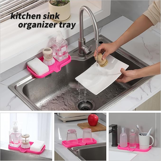 MicoYang Silicone Soap Dish with Drain Spout — Self-Draining Sink Organizer Tray for Bathroom & Kitchen, Sponges, Dispensers & Soap Holder, Non-Slip & Dishwasher Safe, Rose (Medium, 9.6"×5.3")