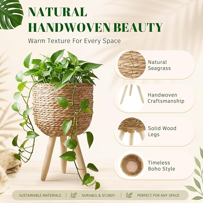 2 Pack Seagrass Plant Stand Set with Solid Wood Legs – Handwoven Boho Indoor Planter Basket Combo, Small & Large Decorative Flower Pot Holder for Living Room, Bedroom & Patio