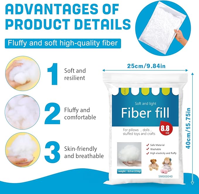 BUTUZE 250g/8.8oz Polyfill Stuffing Fiber Fill, (2.1oz-4.4lb) White Premium Fiberfill Stuffing for Craft, High Resilience Crochet Stuffing, Stuffing for Stuffed Animals, Cotton Batting, Recyclable