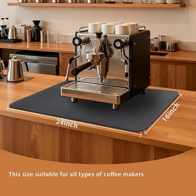 Coffee Mat 24x16 Inch, Black Coffee Area Mat, Absorbent Hide Stain Rubber Backed Dish Drying Mat for Kitchen Counter, Bar Mats for Countertops,Under Coffee Table Bar Maker Machine Pot Espresso Staion