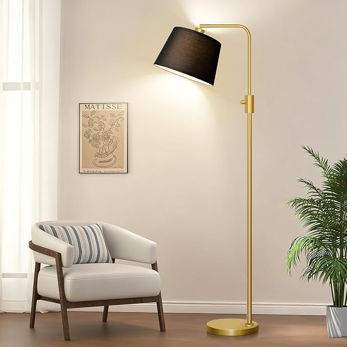 Nintiue Dimmable Gold Floor Lamp, 1000 LM LED Edison Bulb Included, Arc Floor Lamps for Living Room with Black Shade, Modern Standing Lamp Tall Lamps for Living Room Bedroom
