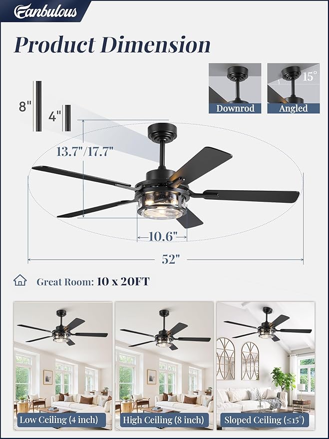 Fanbulous 52 Inch Ceiling Fan with Light and Remote,Downrod Mount Farmhouse Ceiling Fan for Bedroom, Quiet 6-Speed Reversible DC Motor, Rustic Black & Wood Finish Blades