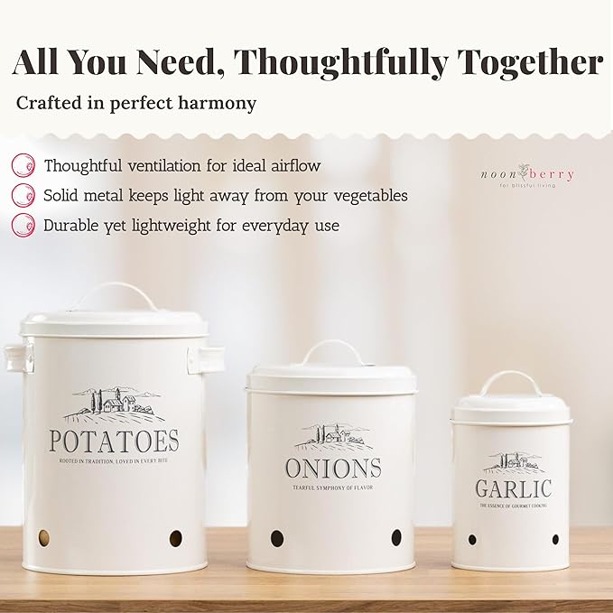 noonberry Potato and Onion Storage Bin Set – 3-Piece Ventilated Potato Storage Bin, Onion Storage Container and Garlic Container – Cream-White Magnolia Finish