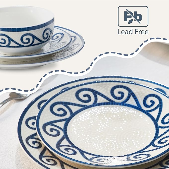 12-Piece Dinnerware Set for 4, Stoneware Kitchen Plates & Bowls Set, Coastal Dinnerware Sets, Microwave & Dishwasher Safe Scratch Resistant, Vintage Dishware Set for Everyday Use & Family Meals