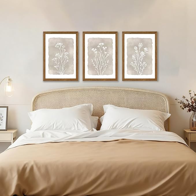 JLTULT 3 Piece Boho Beige Floral Wall Art, Minimalist Line Botanical Flower Wall Decor, Vintage Rustic Wildflower Art Prints for Living Room Bedroom Office Farmhouse Decoration 16x24 in Ready to Hang