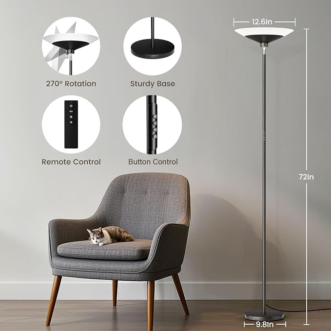 SIBRILLE Torchiere Floor Lamp - 72" Tall LED Standing Lamp with Remote/Button Control, 1800Lm, 3000-6500K, 30W Dimmable Modern Corner Floor Light for Living Room Bedroom Office Apartment, Black