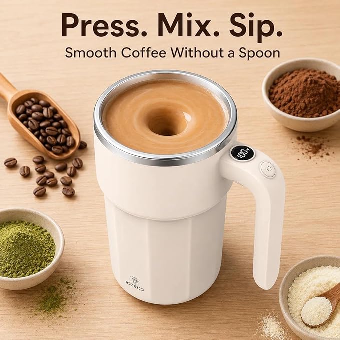 Self Stirring Coffee Mug, 12oz Rechargeable Magnetic Mixing Cup with Temperature Display, 316 Stainless Steel Electric Stirring Cup with Lid & Handle for Coffee, Cocoa, Matcha, Creamer, Mushroom Coffe