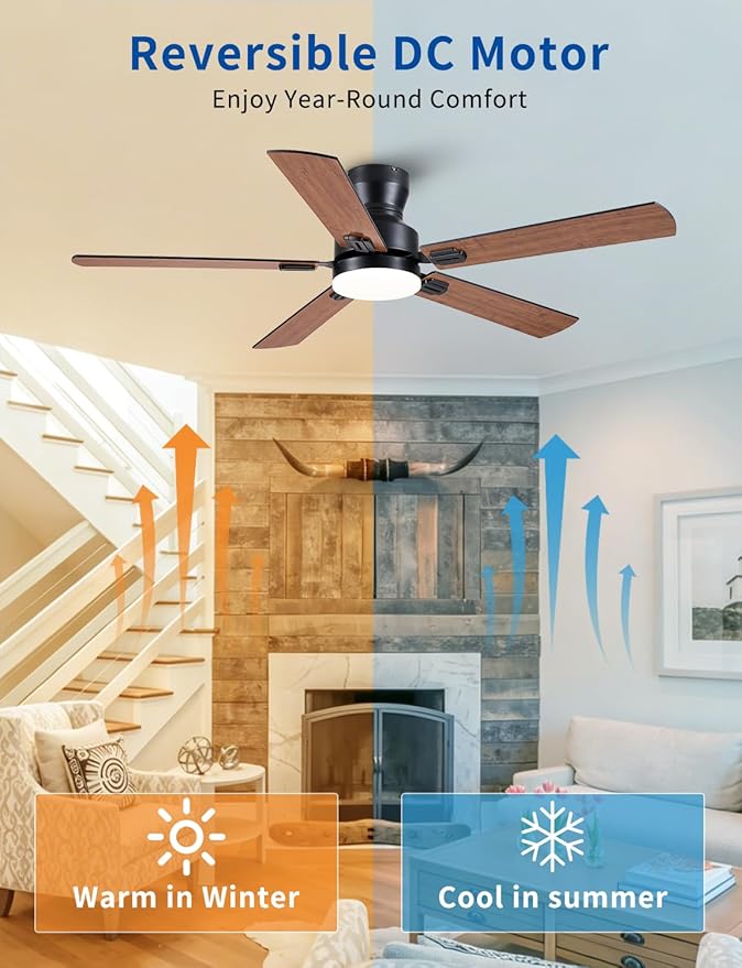 Ceiling Fans with Lights, 52'' Low Profile Ceiling Fan with Light and Remote/APP Control, Modern Flush Mount Ceiling Fan for Indoor Bedroom Living Room, Dimmable, Qiuet DC Motor, Brown