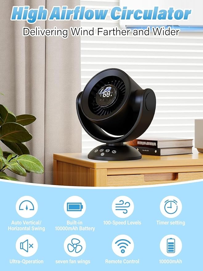 Desk Fans for Bedroom，Air Circulator Fan，90°Vertical +120°Auto Oscillating,100 Speeds, 10H Timer, Quiet Fan,Digital Display Rechargeable USB, with Remote, for Home, Office（Black）
