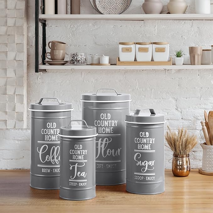 DAYYET Gray Canisters Sets for the Kitchen, Airtight Kitchen Canisters for Countertop, Flour and Sugar Containers, Tea Coffee Sugar Canister Set, Gray Kitchen Decor and Accessories, Set of 4