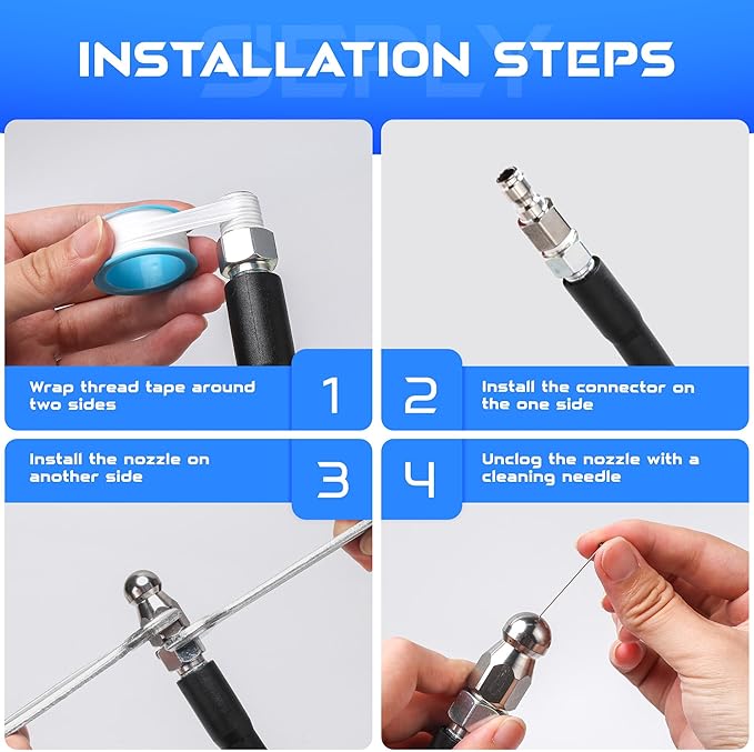Sewer Jetter Kit for Pressure Washer 50 FT, Drain Cleaner Hose with Power Washer Gun, 1/4 Inch NPT Corner, Rotating and Button Nose Sewer Jetting Nozzle,Waterproof Tape, Pearl Corsage Pin, Spanner