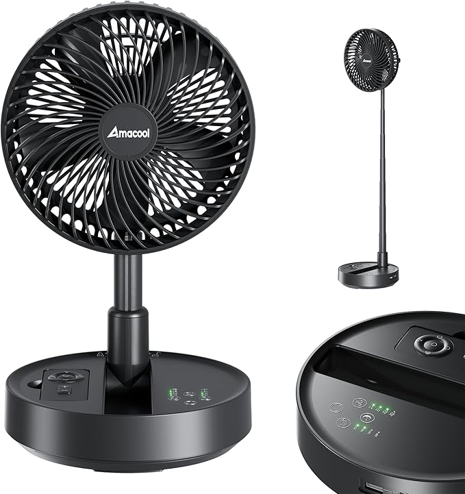 AMACOOL 8'' Foldable Oscillating Fan, 10000mAh Battery Operated with Remote & Timer, Height Adjustable Portable Standing Fan, Quiet USB Output for Camping RV Picnic Home Office Outdoor