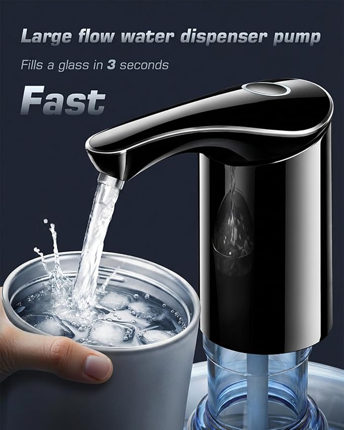 Redsack Rechargeable Water Dispenser Pump for 5 Gallon Bottle, Electric USB-C Large Flow Water Jug Dispenser, Portable Automatic Submersible Bottle Pump Silent Operation for Camping Home (Black)