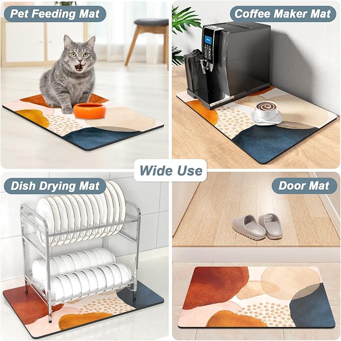 Rnivvi Coffee Mat, 12" x 19" Cute Boho Theme Coffee Bar Mats for Espresso Machine Station Accessories and Organizer, Hide Stain Rubber Backed Absorbent Dish Drying Pad for Kitchen Counter, Stones