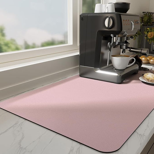 Ecotrim Absorbent Coffee Mat , Stain Hiding PU Leather Surface, Non-Slip Natural Rubber Backing, Quick Dry Mat for Espresso Machine, Kitchen Counter ,Pink | 16" x 24"