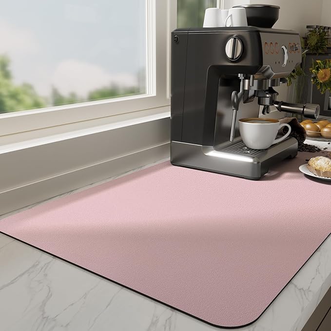 Ecotrim Absorbent Coffee Mat , Stain Hiding PU Leather Surface, Non-Slip Natural Rubber Backing, Quick Dry Mat for Espresso Machine, Kitchen Counter ,Pink | 17" x 31.5"