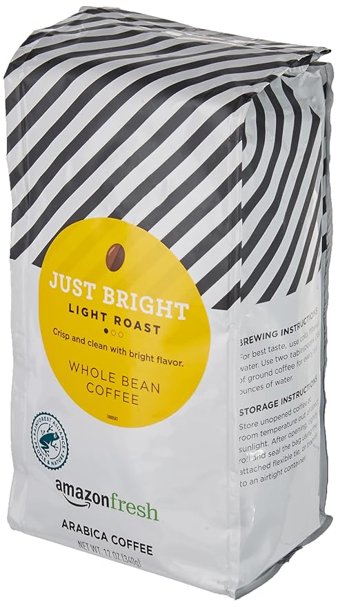 Amazon Fresh, Just Bright Whole Bean Coffee, Light Roast, 12 Oz (Pack of 4)