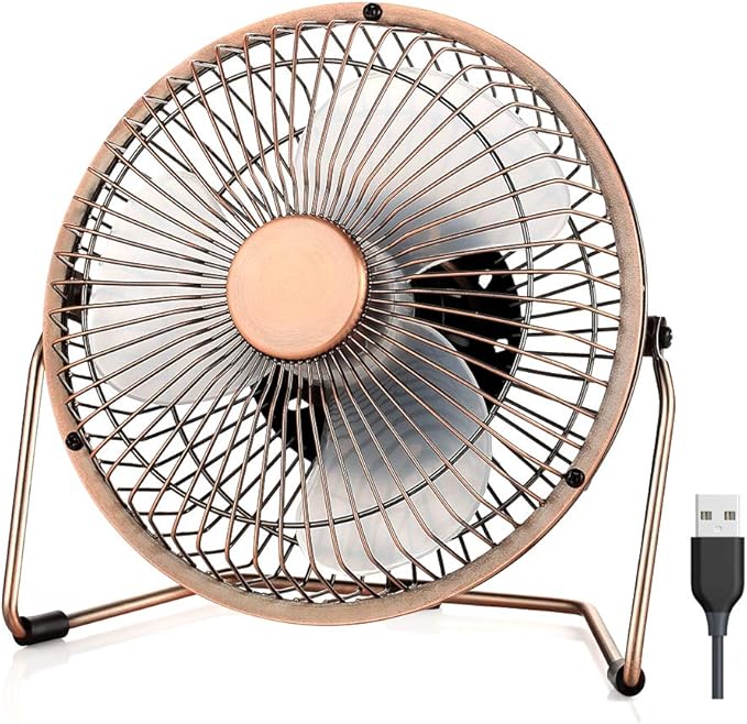 EasyAcc 6 Inch USB Desk Fan, 360°Rotation Small and Quiet,Powerful Portable Strong Airflow,Mini Metal Personal Cooling Fan with 2 Speed for Home Office,Bronze(USB POWERED ONLY)