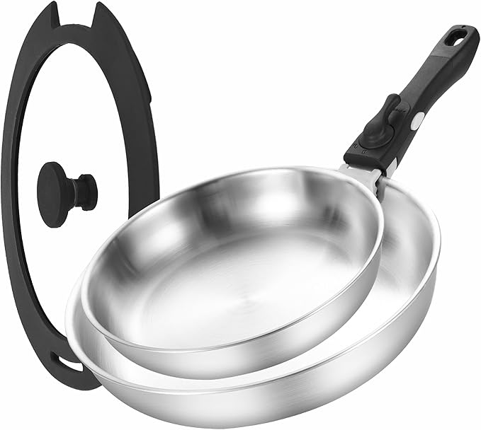 Inqibee Tri-Ply Stainless Steel Cookware Set with Removable Handle, Detachable Handle 8.5-11 Inch Frying Pan Set, Induction Kitchen Cooking Set for Home & RV Cooking, Dishwasher and Oven Safe