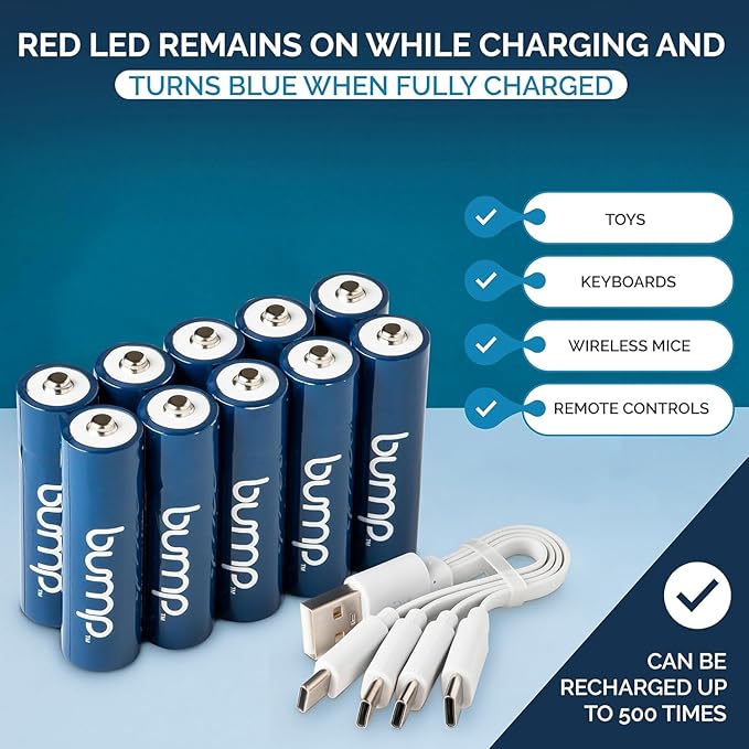 BUMP NiMH AAA Rechargeable Batteries 1.2V - 10 Pack Long Lasting (1000mAh) - Reusable Battery Replacement with 4-in-1 USB-C Charging Cords - Ideal for Flashlights, Remote Controls, and Cordless Phones