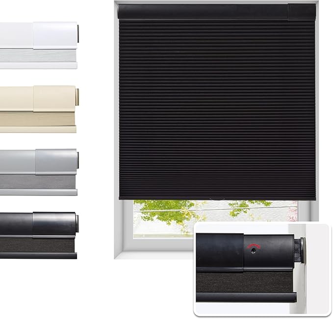 Tonature No Drill Cellular Shades for Indoor Windows, Thermal Insulating & Noise Reducing Honeycomb Blinds, Free Stop Cordless Blackout Shades, Black, 45 1/2" W x 64" H