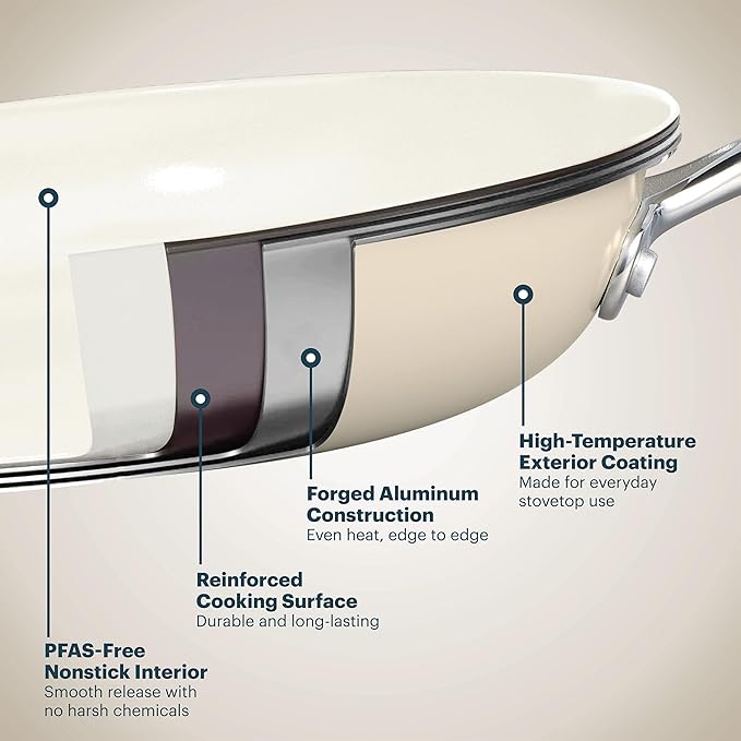 Pyrex 2-Piece Ceramic Cookware Grill & Fry Pan Set with Stainless Steel Handles, Healthy Nonstick Ceramic Coating, Induction Compatible Stainless Steel, PFAS Lead Cadmium BPA Free