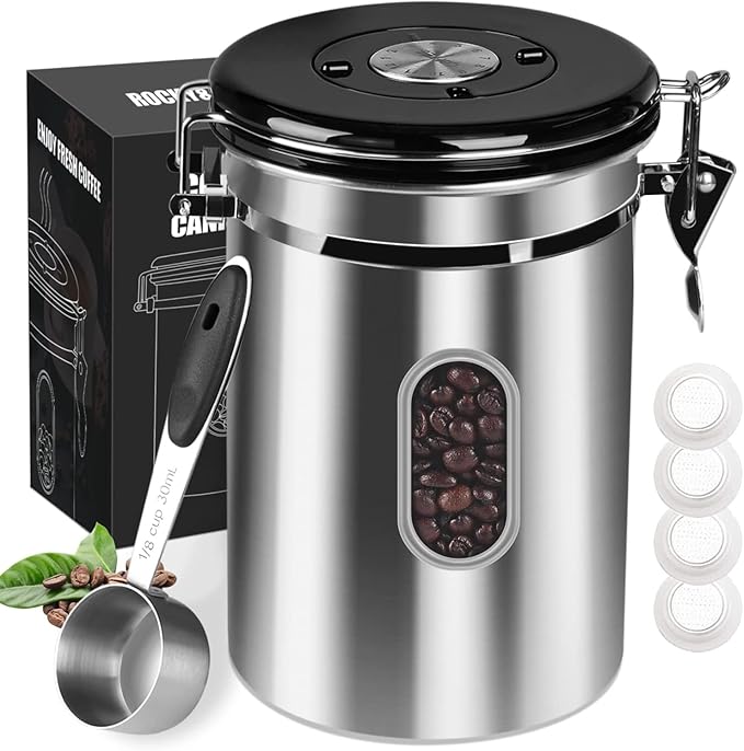 Airtight Coffee Canister with Date Tracker&Transparent Window, 35OZ Coffee Container with 30ML Measure Spoon&4 co2 Valve, Coffee Bean Storage Container for Grounds Coffee, Beans, Tea(Silver)