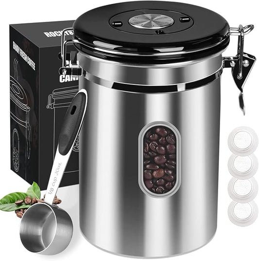 Airtight Coffee Canister with Date Tracker&Transparent Window, 35OZ Coffee Container with 30ML Measure Spoon&4 co2 Valve, Coffee Bean Storage Container for Grounds Coffee, Beans, Tea(Silver)
