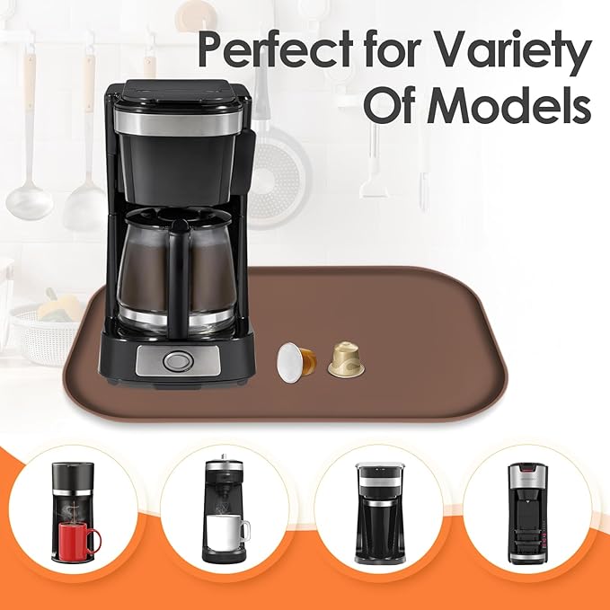 TOHONFOO Silicone Coffee Maker Mat with Lip, 17.4'' x 10.6'' Heavy Duty Coffee Maker Mat for Countertops, Coffee Tray Fit Under Coffee Machine Appliance Automatic Machines Espresso Accessory, Brown