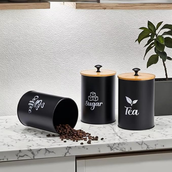 3 Pack Kitchen Canisters with Bamboo Lids, Metal Canister Set for the Kitchen Counter, Airtight Coffee Container Tea Organizer & Sugar Canister, Rustic Kitchen Decor Containers-Black