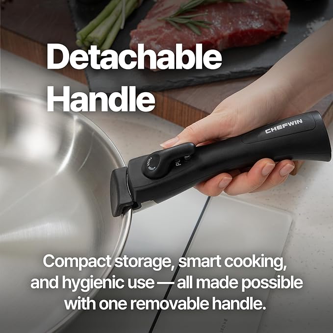 316 Stainless Steel Removable Handle Cookware, 5-Ply Stackable Cookware Set, 6-Piece Pans with Universal Lid, Induction Compatible, Oven & Dishwasher Safe