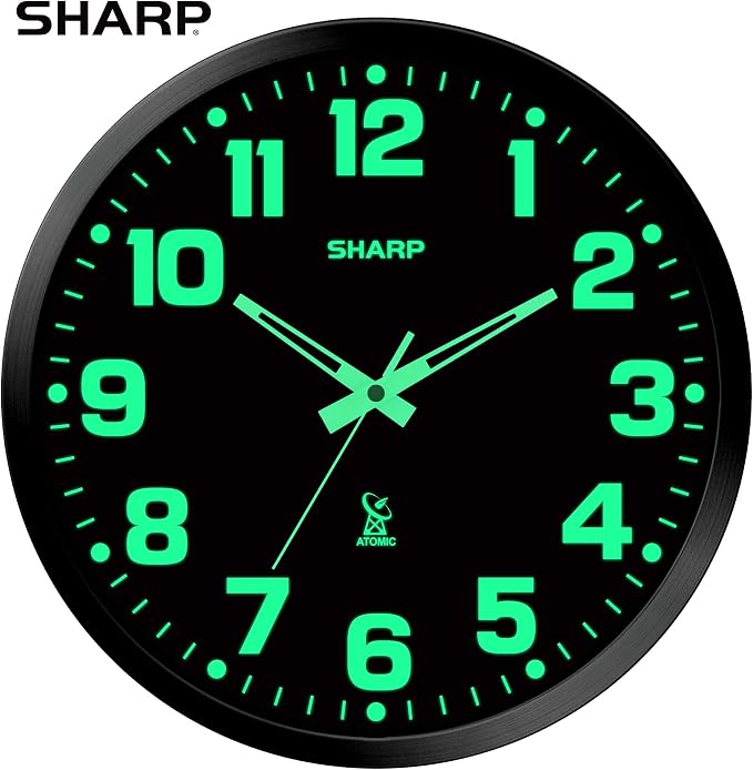 Sharp Glow in the Dark Atomic Analog Wall Clock - 12" Clock with Black Frame - Sets Automatically - Battery Operated - Easy to Read - Easy to Use – See Day or Night!