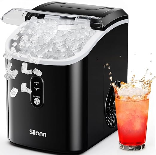 Silonn Nugget Ice Makers Countertop, 38lbs/24H Chewable Pellet Ice Machine with Self Cleaning Function, Portable Pebble Ice Maker with Ice Scoop for Home Kitchen Office, Black
